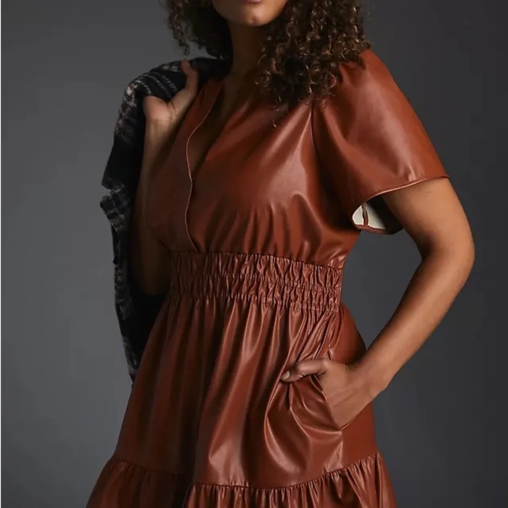 Anthropologie Women’s The Somerset Mini Dress Size 1X Faux Leather Cognac Brown - Picture 2 of 12